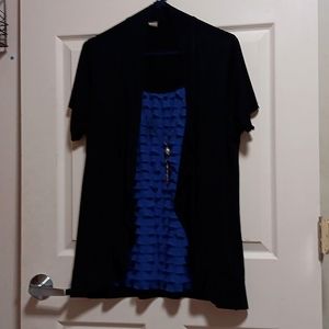 Black one piece ruffle blue top with  faux pearl chain.